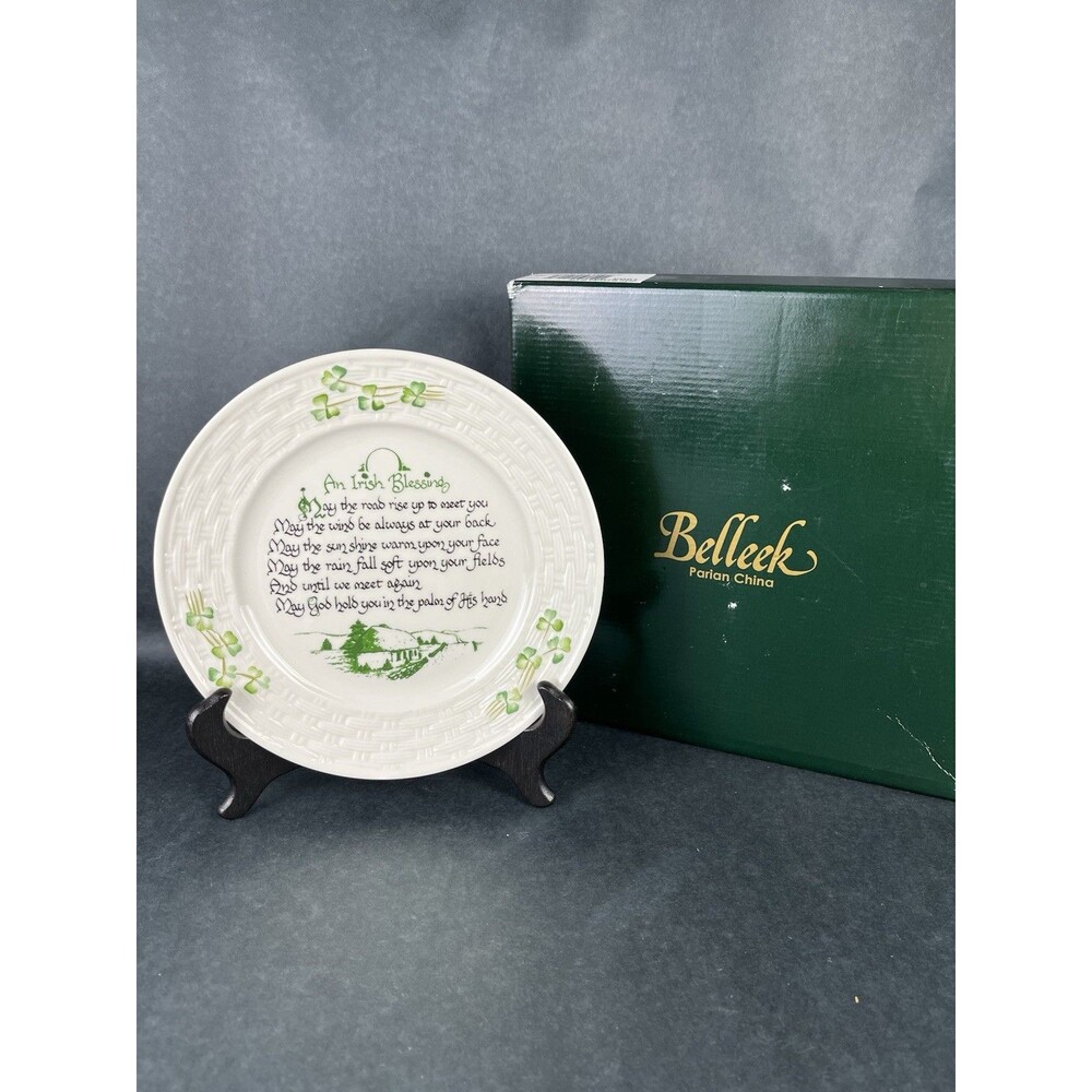 Belleek Irish 8.5” Blessing Plate Fine Parian China Shamrock Basketweave Box Tag
